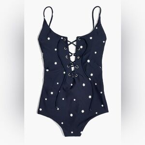 TAVIK Monahan Lace-Up One-Piece Reversible Swimsuit Navy/White S NEW $150
